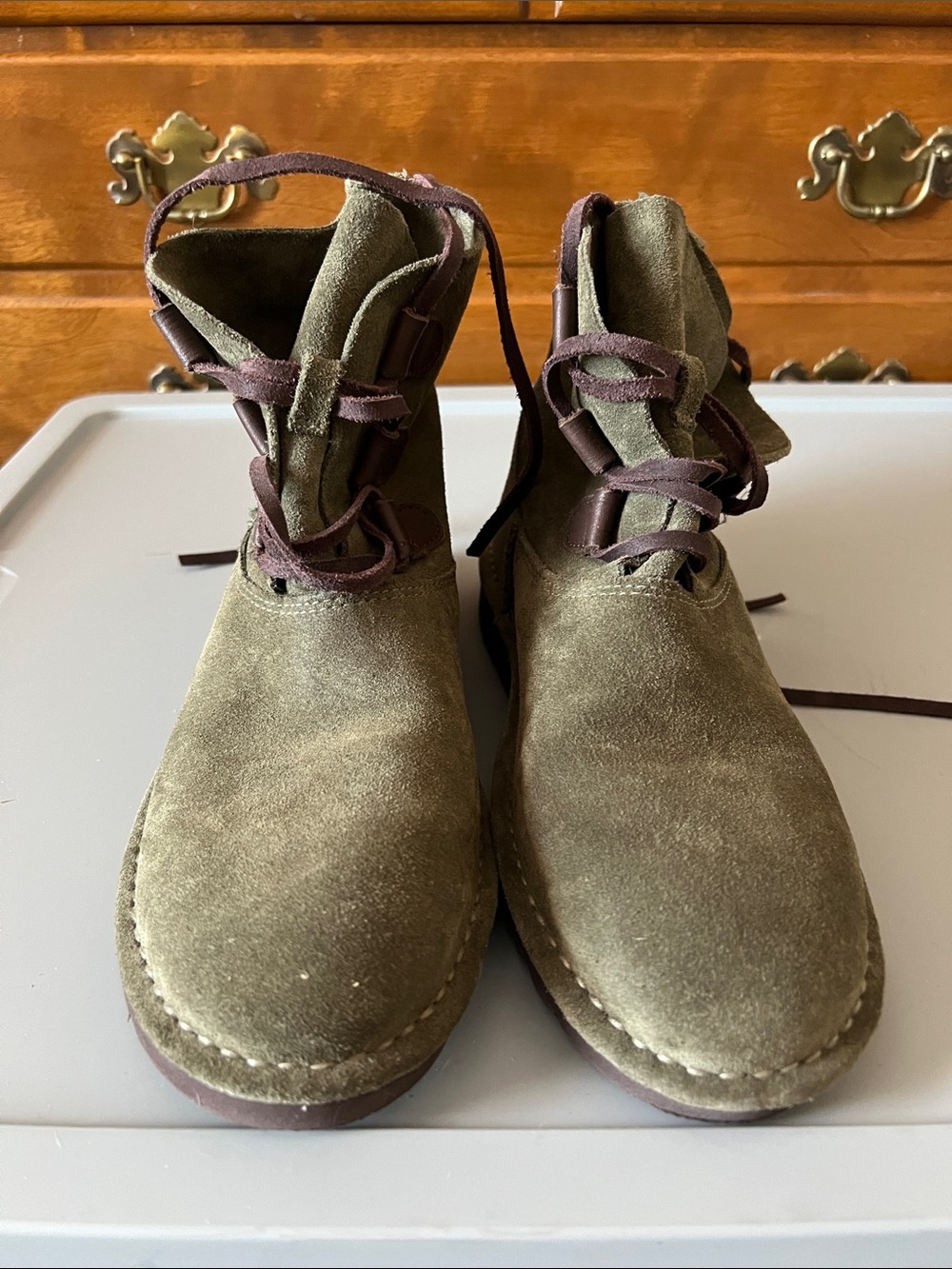 UGG Kids Olive Suede Lace-Up Boots with Brown Laces